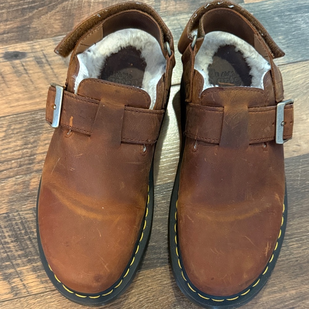 Dr. Martens Jorge II Brown Leather Shearling Clogs with Buckle